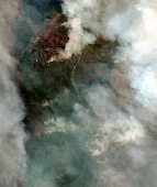 A satellite image shows smoke rising from Shoe Fire burning near Little Bear Lake, in Saskatchewan
