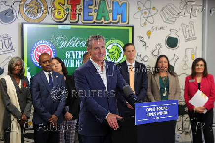 California Governor Newsom speaks at the Clinton Elementary School, in Compton