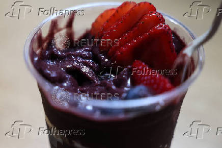 A smoothie made of Acai and other fruits is seen after being purchased at an Oakberry Acai bowl location in New York City