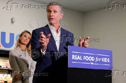 California Governor Gavin Newsom signs legislation to improve nutrition in schools across California, in Los Angeles