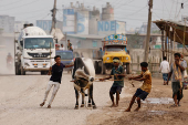 Men try to control a cow as they are heading to the Gabtoli cattle market ahead of the Muslim festival of sacrifice, Eid al-Adha, in Dhaka
