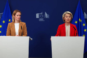 EU's Ursula von der Leyen and Kaja Kallas hold a press point on 18th package of sanctions against Russia