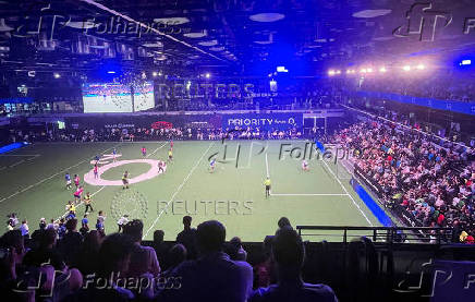 FILE PHOTO: A penalty is taken during a Baller League match at the Copper Box Arena in London