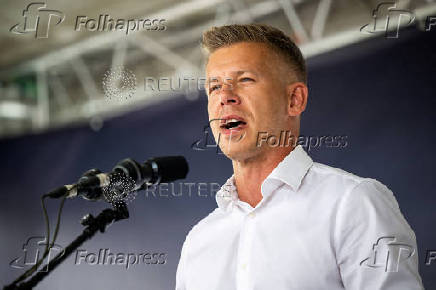 FILE PHOTO: Peter Magyar, Hungarian opposition leader, delivers a speech in Szekesfehervar