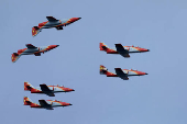 The Spanish Air Force aerobatic group Patrulla Aguila (Eagle Patrol) fly during training ahead of Armed Forces Day