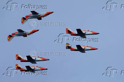 The Spanish Air Force aerobatic group Patrulla Aguila (Eagle Patrol) fly during training ahead of Armed Forces Day