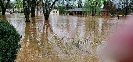 Trees and houses are partially submerged in Hopkinsville, Kentucky