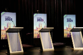 The stage before the New York City Democratic Mayoral Primary Debate, in New York City
