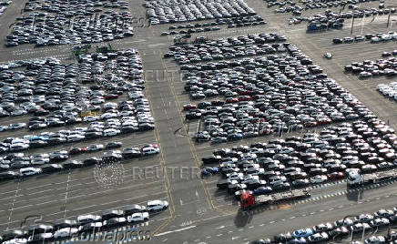 Drone view of new cars parked in the port of Zeebrugge