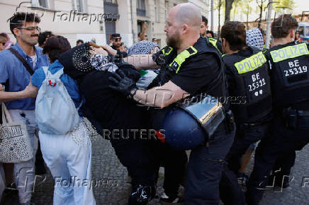 Pro-Palestinian demonstrators occupy the Emil Fischer auditorium at the Humboldt University, in Berlin