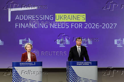 EU Commission President Von der Leyen and EU Commissioner for Economy Dombrovskis hold a press conference addressing Ukraine's financing needs for 2026-2027