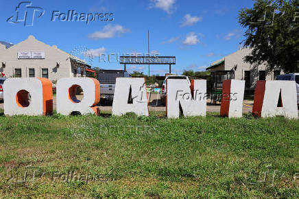 Orania town sign in front of local shopping centre is pictured in Orania