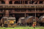 Torpedo Cars, also known as hot metal cars, stand at the No.4 Blast Furnace at Nippon Steel's East Nippon Works Kimitsu Area plant in Kimitsu, Japan