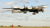 FILE PHOTO: A Russian TU-95 bomber, or Bear, lands at a military airbase in Engels